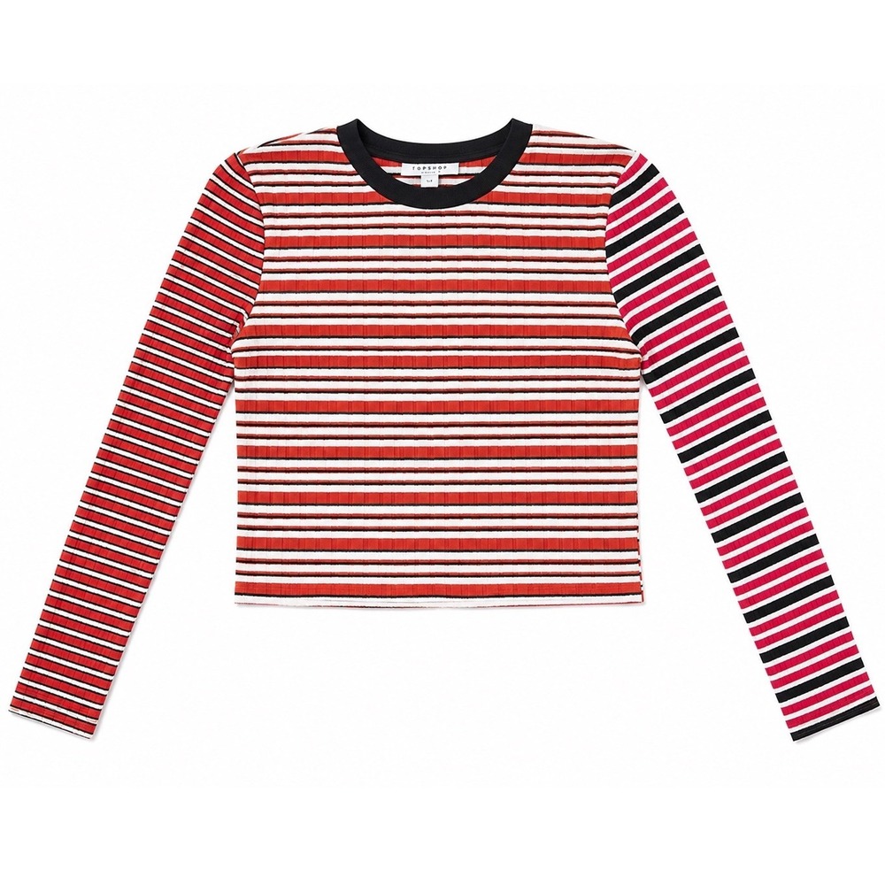 NWT Topshop Womens Red White Black Striped Ribbed Long Sleeve Crop Top Size 4 US